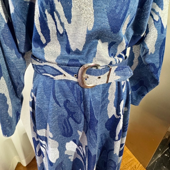 Vintage 80s dress, navy, blue, silver, grey, batwing sleeves, with belt, 8 (M) - Picture 5 of 14